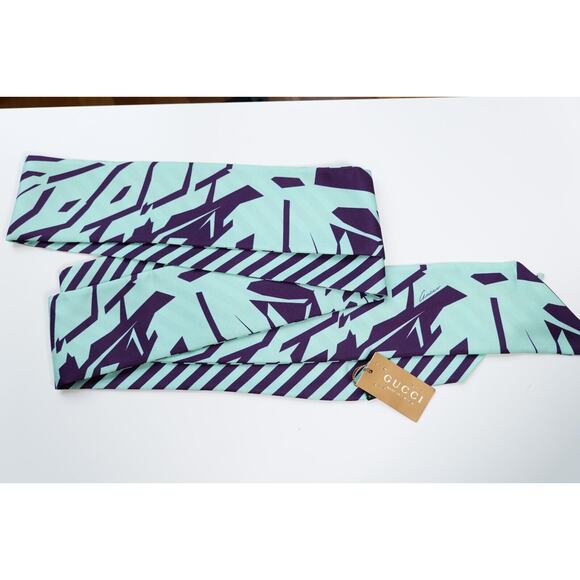 Gucci Light Blue Aquamarine Striped Geometric Silk Twill Narrow Bandeau Scarf - Picture 1 of 6